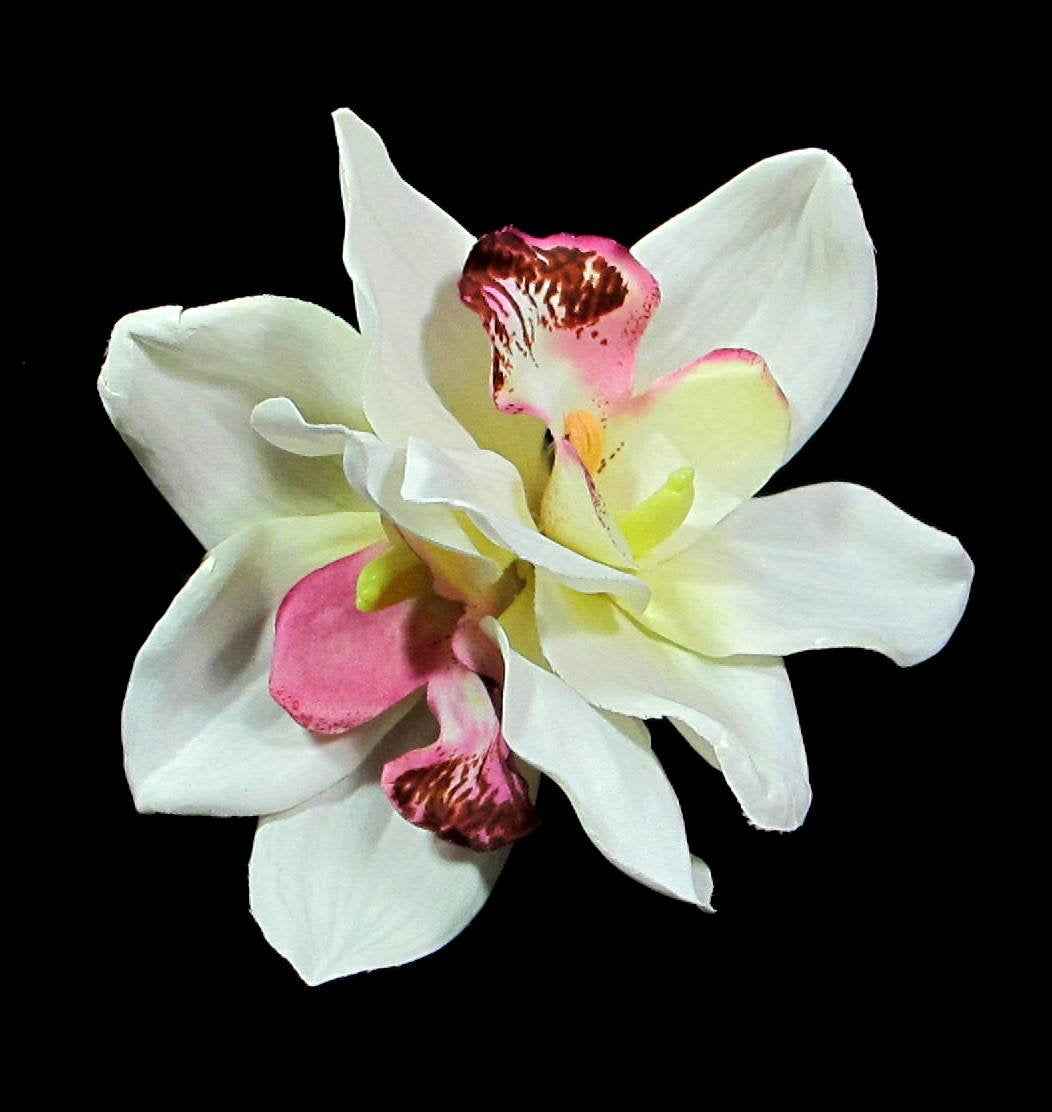 Ivory Cream and Fuchsia Cymbidium Orchid Flower Hair Clip