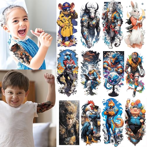 VERKSTAD 12 Sheet Half Sleeve Animal Temporary Tattoos for Kids