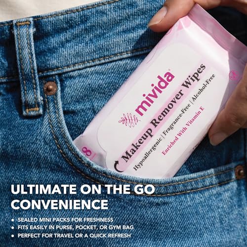 Mivida Mini Makeup Remover Wipes - 50 Pocket Packs, Dermatologist Tested, Fragrance & Alcohol Free, Travel & On-the-Go Cleansing