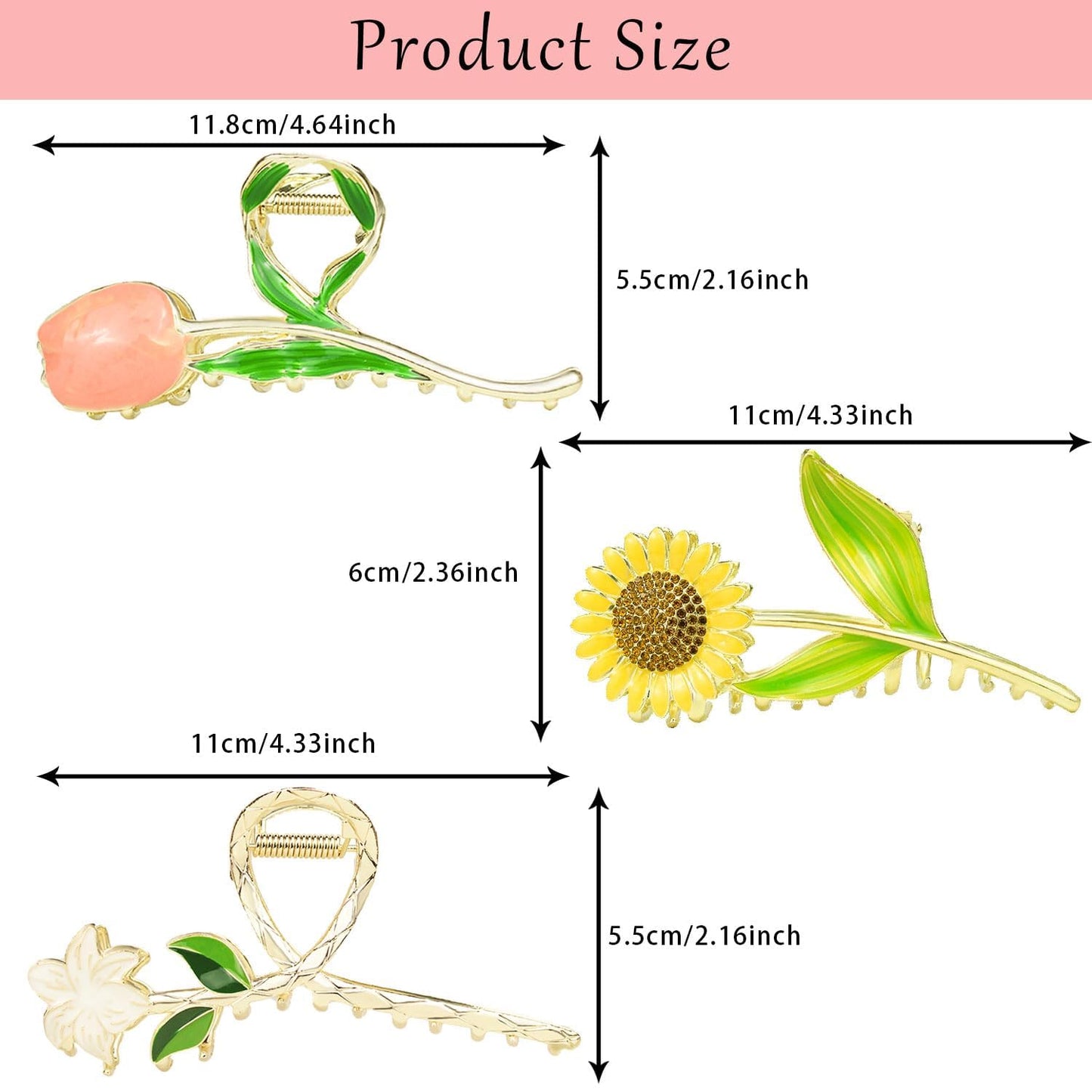 3 Pieces Flower Metal Hair Claw Clips Large Tulip Strong Hold Hair Clamps Fashion floral Hair Accessories Nonslip Hair Barrettes for Women Girls Long Thick Curly Hair (Tulip, Sunflower & Lily)