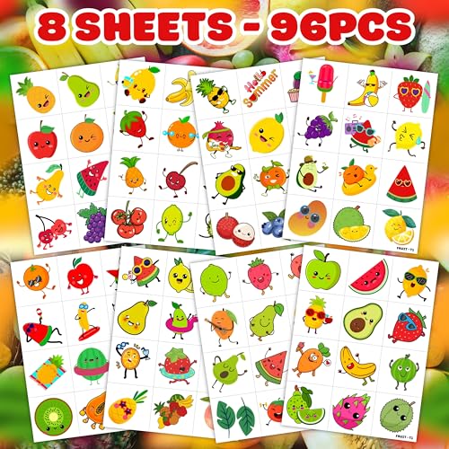 96PCS Fruit Temporary Tattoos for Kids - Waterproof Designs