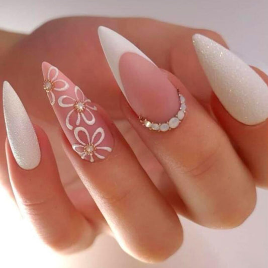 Stiletto French Tip Press on Nails Long Fake Nails with Flower Rhinestones Contemporary Art Designs Full Cover Acrylic Almond False Nails Set Glue on Nails Stick on Nails for Women Manicure 24Pcs