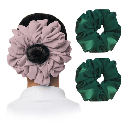 2 Pack Large Puffy Chiffon Hair Scrunchies forThick Hair,Curly Pineapple or Themed Style Slap Bracelet Ponytail Holder Elastic Hair Bands Wrist Fabric Buns Scrunchy Hair Ties for Show/Sleepover Party Girls (Green)