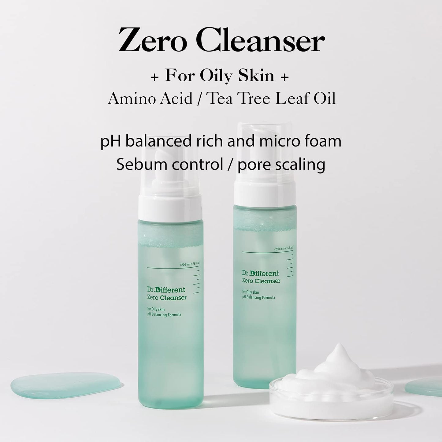 Dr.Different Zero Cleanser for Oily Skin - Sebum Control and Soothing for Acne Prone Skin, Hypoallergenic pH 5.5 Face Bubble Foaming Cleanser with Tea Tree Oil, 6.76 fl.oz.