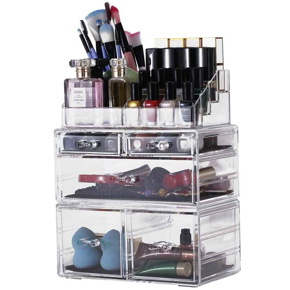 Sooyee Makeup Organizer,Acrylic Cosmetic Organizer Storage Drawers Jewelry and Cosmetic Display Cases Box(5 Drawers 7 Tiers) 3 Pieces Stackable,Clear