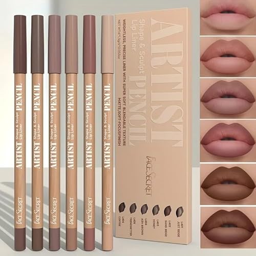 Beauty Glazed 6pcs Nude Brown Lip Liner Makeup Set - Waterproof & Smudge-Proof Matte Pencil, Long-Lasting & Durable, Smooth & Easy Glide, Non-Smudge, Contouring, Filling & Layering (NUDE-PINK Set)