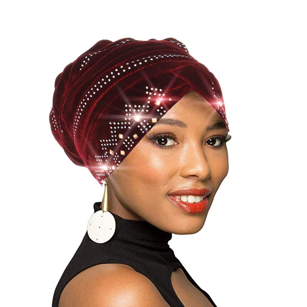 Bohend Vintage Rhinestone Turban Sleep Headwrap Wide Sparkly Sleep Turban Headband Crystal Muslim Hat Headwear Beanie Pre-Tied Bonnet Velvet Hat Cap Hair Wrap for Women and Girls (Wine red)