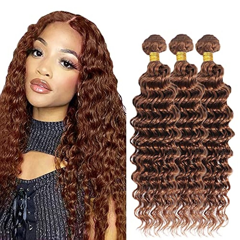 #30 Brown Deep Wave Hair Bundles 3pcs 22-26 Inch Virgin