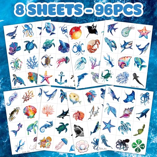 Ocean Animals Temporary Tattoos 96 PCS for Kids