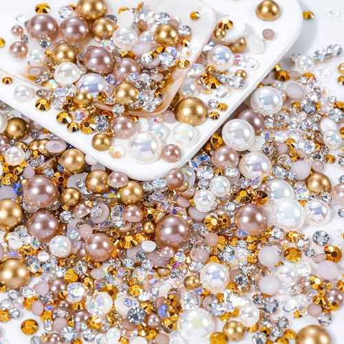 60g Champagne Gold Flatback Rhinestones Half Pearls for Crafting, Mixed Size 3mm-10mm Resin Rhinestones for Bedazzling, Small Pearls for DIY Tumblers Mugs Nail Art Shoes Clothes with Glue