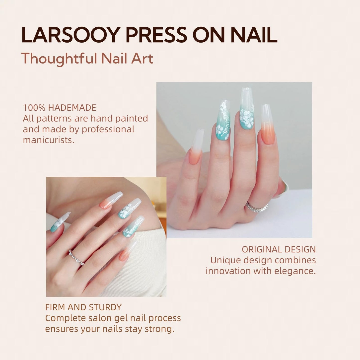 LARSOOY Nails Handmade Press on Nails Long Coffin | Hand Painted Nails with flowers Blooming | Reusable Fake Nails for Cool Summer | False Nails 10 Pcs (Dawn Walk,M)