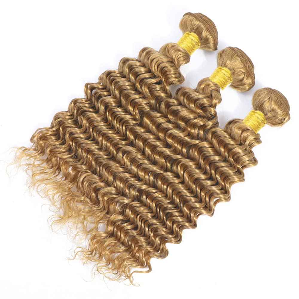 #27 Honey Deep Wave Human Hair Bundles 3 Bundles Deep Wave Hair Brazilian Virgin Human Hair Extensions Unprocessed Hair Bundles for Women 16 18 20 Inch