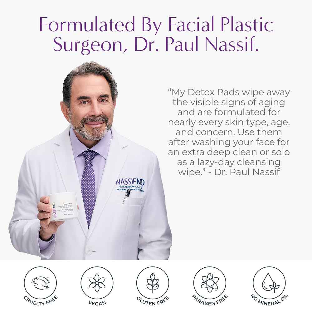NassifMD Exfoliating Detox Pads | Surgeon-Created AHA/BHA Facial Pads for Deep Cleansing, Smoother Texture & Glowing Skin | Reduces Pores, Firms, Brightens