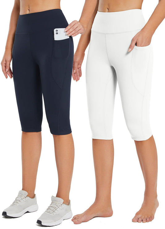 BALEAF Women's Capri Leggings Knee Length High Waisted Plus Size Yoga Casual Workout Exercise Capris with Pockets 2-Pack White/Navy Blue XS