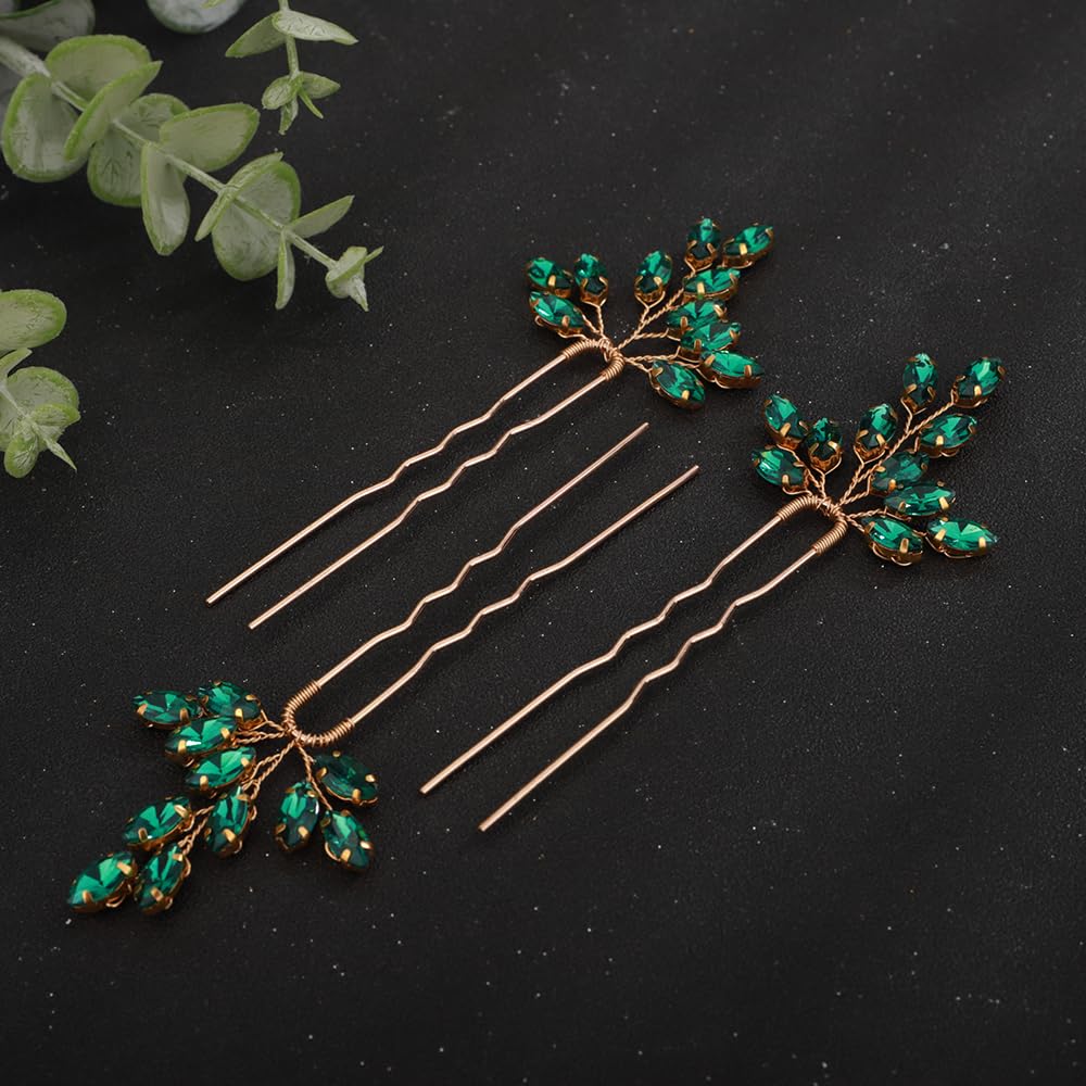 Teyglen 3pcs Crystal Bridal Hair Pins Green Rhinestone Wedding Hair Piece Hair Accessories for Bride Handmade Red Blue Green Crystal Hair Pins Set for Women Girl Party Prom (Peacock green)