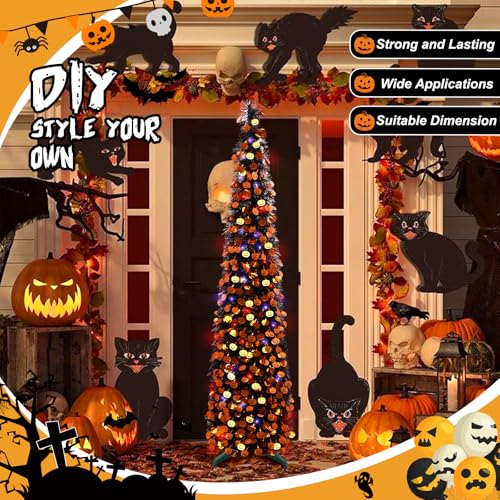 Black Halloween Tree with Light, 5Ft Pop Up Artificial Pencil Tree with Orange Pumpkin, Halloween Decorations Tree for Home Office Party Fireplace Holiday Decor(Purple Orange)