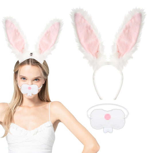 Gvhntk Bunny Ears Headbands Plush Fabric Bunny Nose Furry Rabbit Ear Headband Set Easter Party Prom Cosplay Supplies Halloween Costume Acessory for Women(White+Pink)