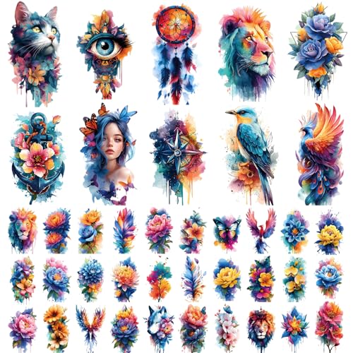 Watercolor Temporary Tattoos - 40 Sheets Flowers & Animals