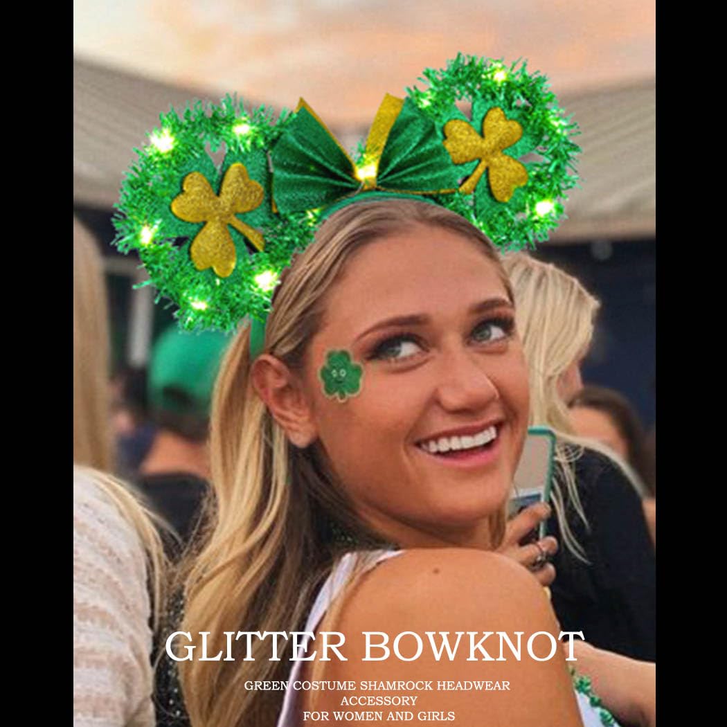 Aceorna Light Up St Patricks Day Headbands Led Green Mouse Ear Hairbands Clover Bow Hair Hoop Foil Irish Headpiece for Women (A)