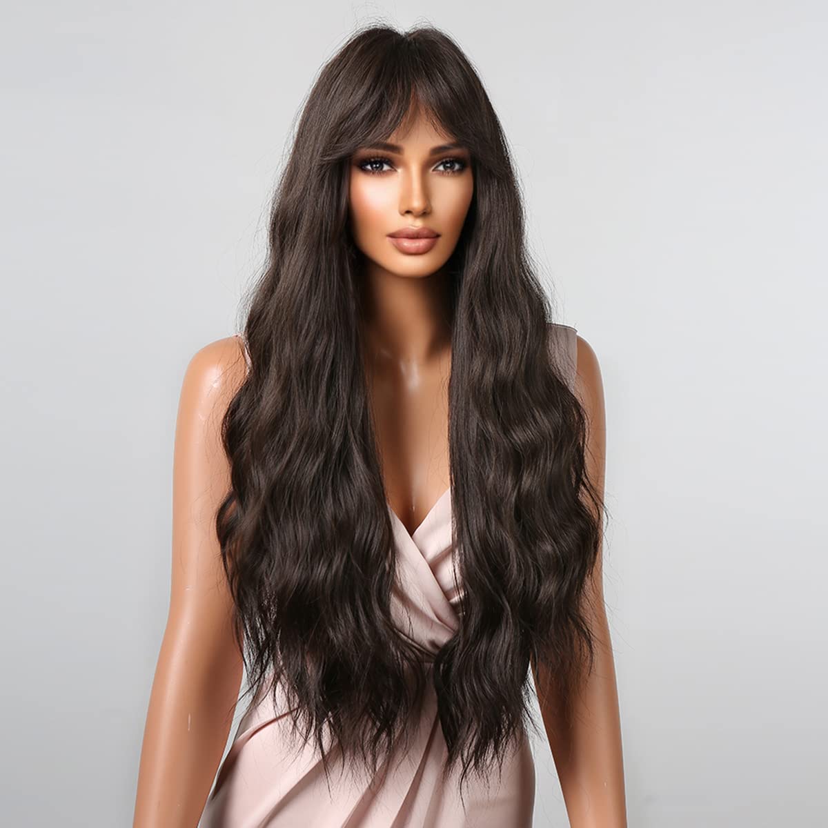 WTHCOS Long Black Brown Wig for Women Long Curly Wavy Dark Brown Wig With Bangs Silky Full Heat Resistant Synthetic Wig with Wig Cap (Black Brown)