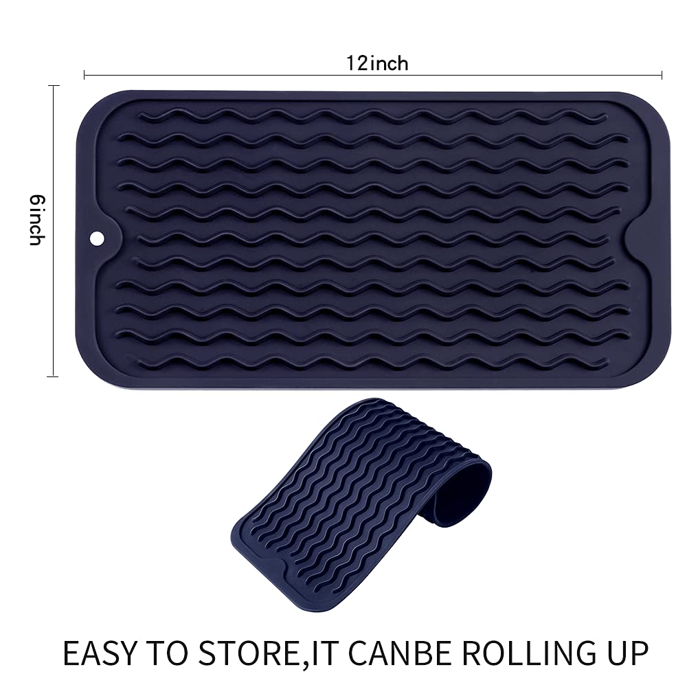 MicoYang Silicone Dish Drying Mat for Multiple Usage,Easy clean,Eco-friendly,Heat-resistant Silicone Mat for Kitchen Counter,Sink,Bar,Bottle,or Cup Navy Blue S 12inches x 6 inches