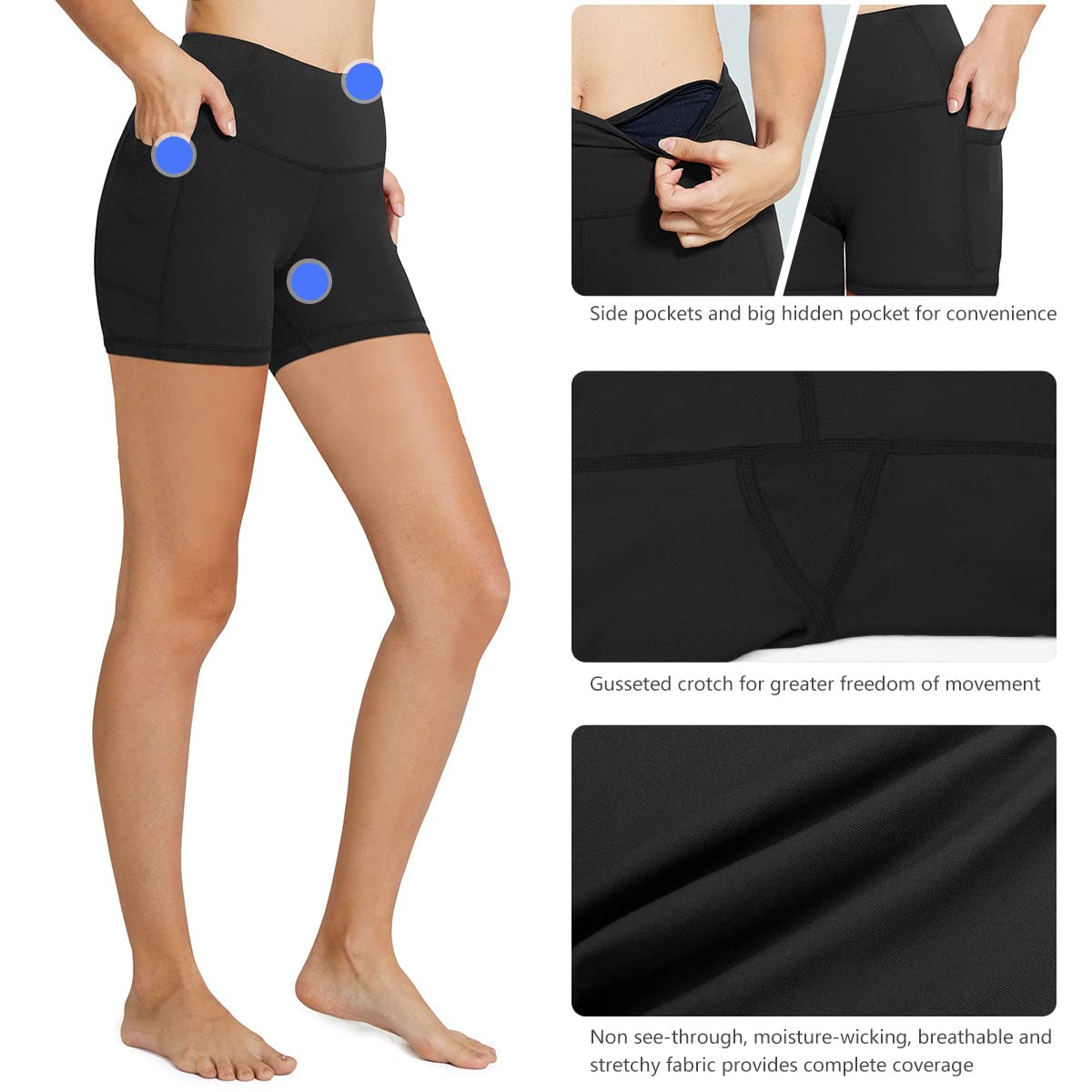 BALEAF Biker Shorts Women Yoga Gym Workout Spandex Running Volleyball Tummy Control Compression Shorts with Pockets 5" Black XS