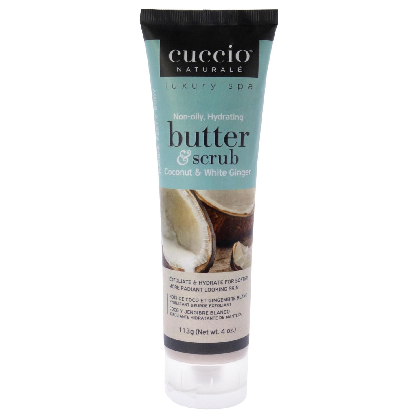 Cuccio Naturale Butter Scrub - Exfoliates And Hydrates - For Softer, Radiant Looking Skin - Infuses Moisture Into Dry Skin - Non-Oily 24 Hour Hydration - Creamy - Coconut And White Ginger - 4 Oz