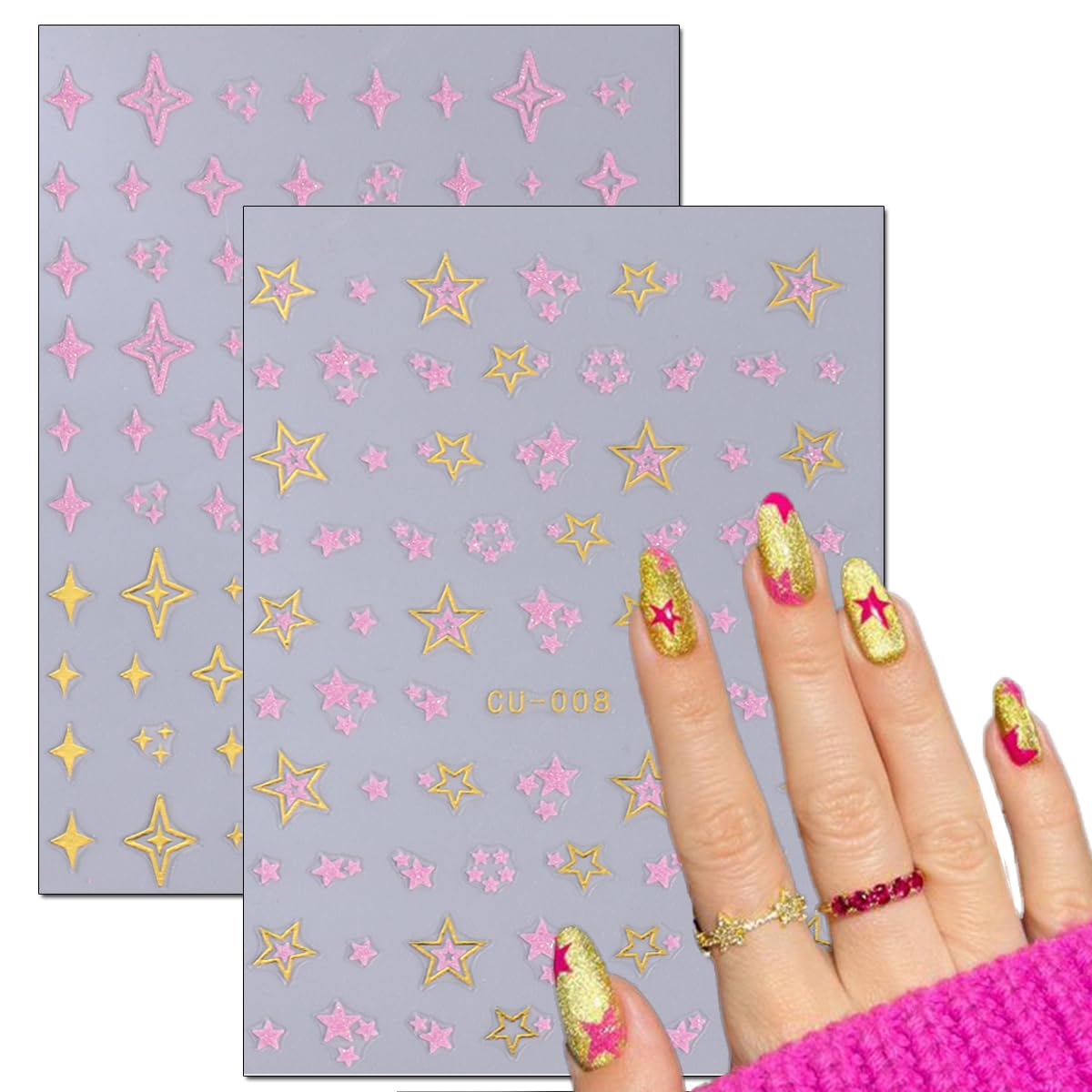 Valentine's Day Heart Nail Stickers-8 Sheets Gold Pink Nail Art Stickers 3D Self-Adhesive Nail Decals Glitter Star Love Rose Flower Nail Art Design Supplies for Acrylic Nail Decoration Stickers Women