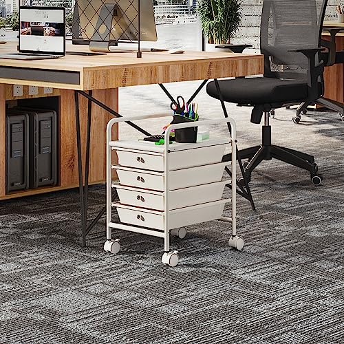 Shrivee White 4-Tier Utility Cart with 4 Drawers, Lockable Casters, Multipurpose Mobile Storage