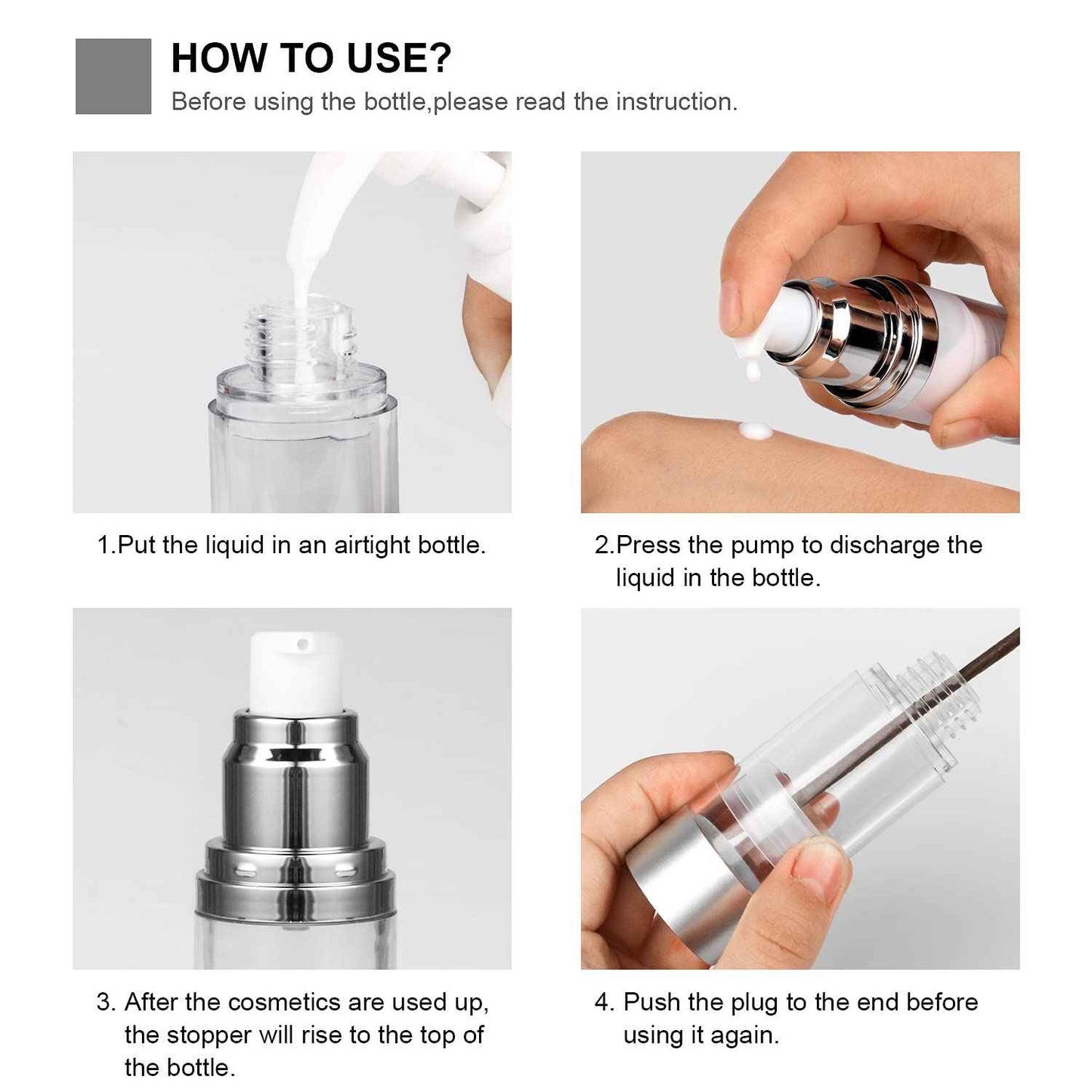 Furnido Airless Pump Bottles,Empty Refillable Acrylic Makeup Containers with Matte Silver Pump,Travel Lotion Dispenser for Shampoo/Cream/Foundation-TSA Approved Travel Size (1 Oz/30ML)