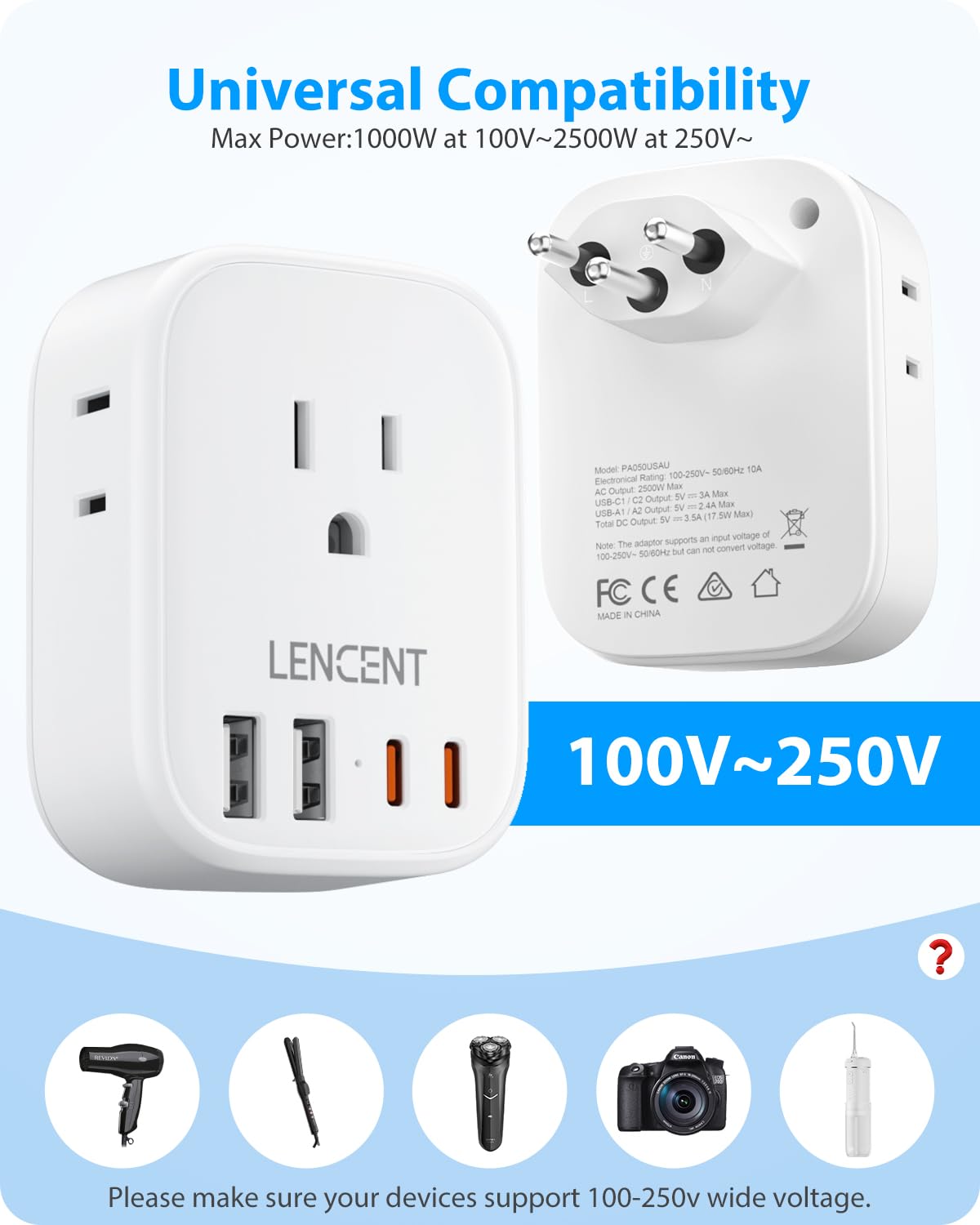 LENCENT Switzerland Travel Plug Adapter, Swiss Power Adaptor with 4 American Outlets, 4 USB Charger(2 USB C), Type J Plug Converter for US to Switzerland, Liechtenstein, Rwanda, Safe Grounded