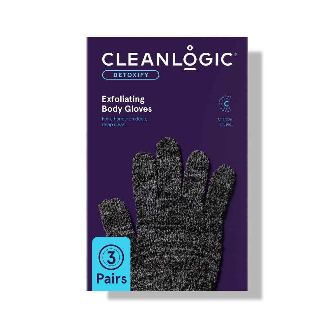 Cleanlogic Detoxify Charcoal Infused Exfoliating Glove, Stretchy Bath & Shower Gloves, Reusable Exfoliator Tool for Smooth & Softer Skin, 3 Pairs, 6 Count Value Pack