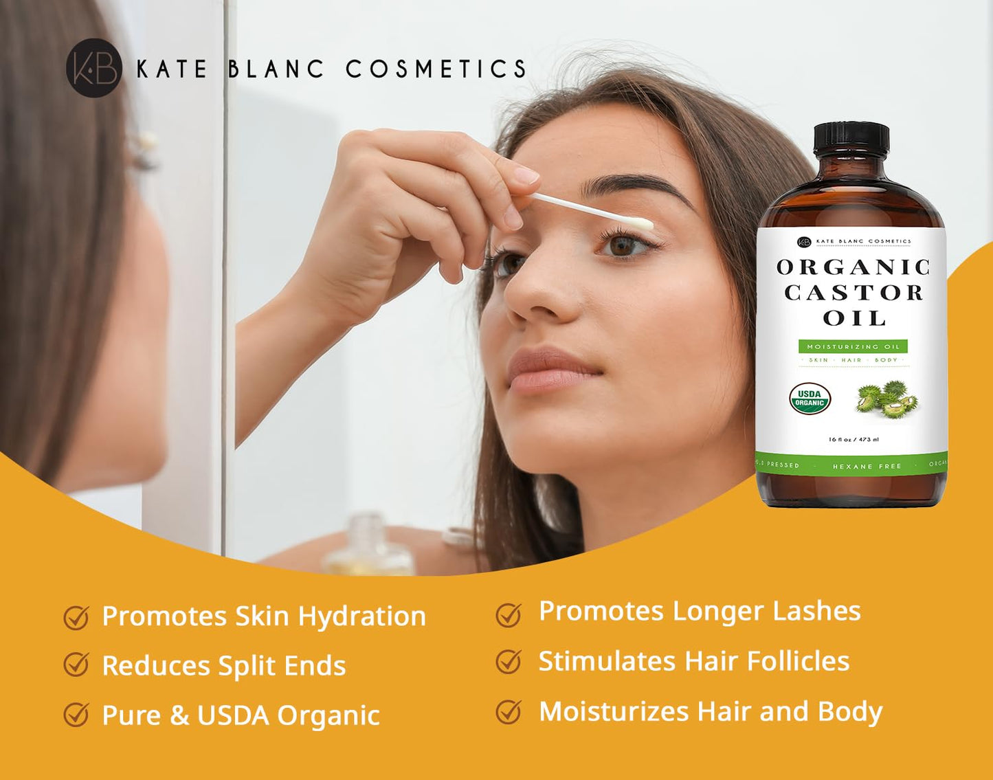 Kate Blanc Cosmetics Castor Oil Organic for Hair Growth & Body (16oz). 100% Pure Cold-Pressed, Hexane-Free Unrefined in Glass Bottle