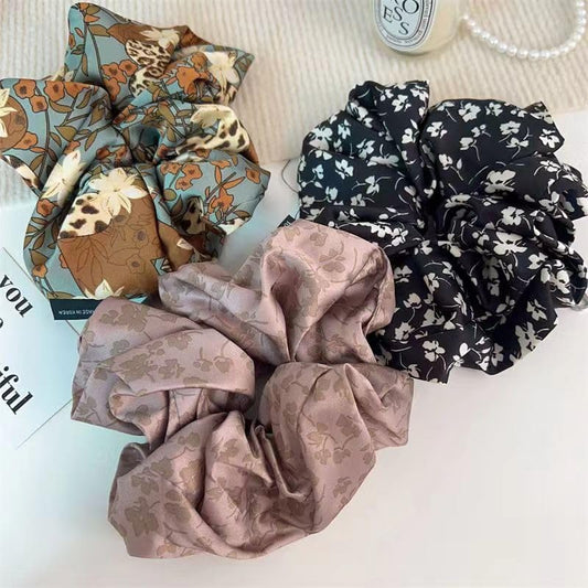 TUCEWP Scrunchies for Women Girls 3Pcs Big Floral Scrunchies Long Thick Curly Hair Bandana Scrunchies Soft Satin Hair Bands Print Scrunchy Ponytail Holders No Damage Elastic Hair Ties Hair Accessories