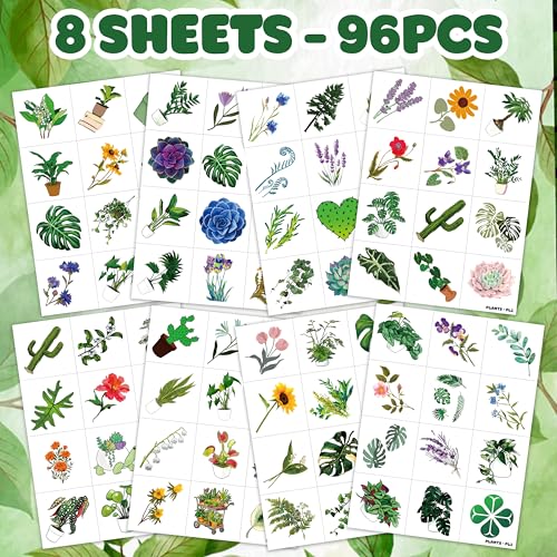 96 PCS Earth Day Temporary Tattoos Plants Flowers
