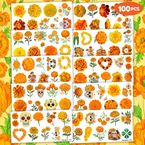 100 PCS Marigold Flower Temporary Tattoos | Day of Dead