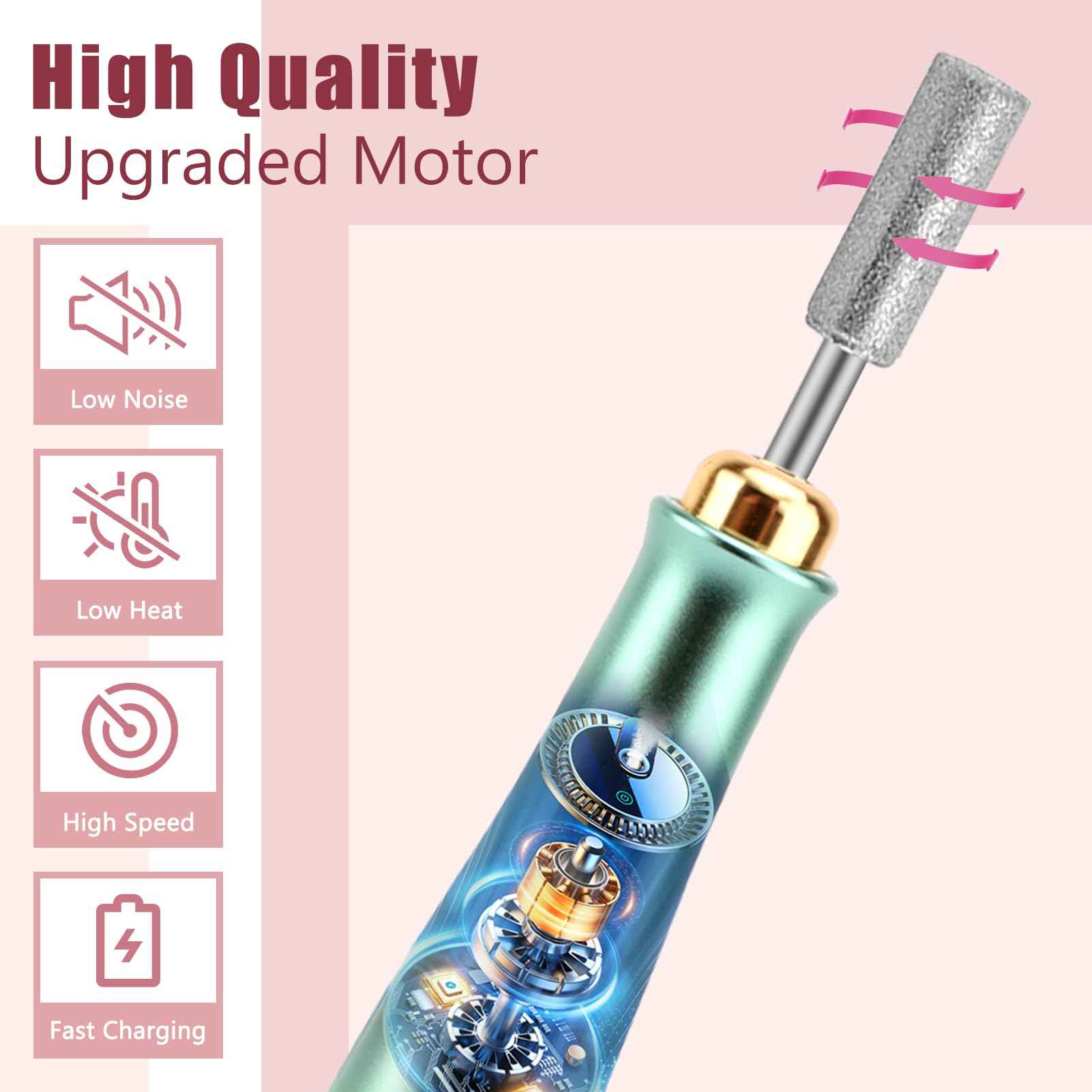 VINGVO Cordless Electric Nails Drill Filer Set, Professional Manicure Pedicure Kit with Bits for Acrylic, Portable Electric Files & Buffers for Toenail Cuticle Hand Foot Care Polish Tool (Green)