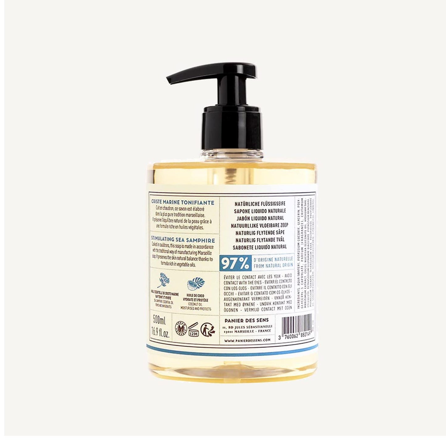 Panier des Sens - Liquid Hand Soap – Sea Samphire Hand Wash - French Marseille Moisturizing Hand Soap with Coconut Oil - Refillable Kitchen & Bathroom Hand Soap - 97% Natural Ingredients -16.9 Fl.oz