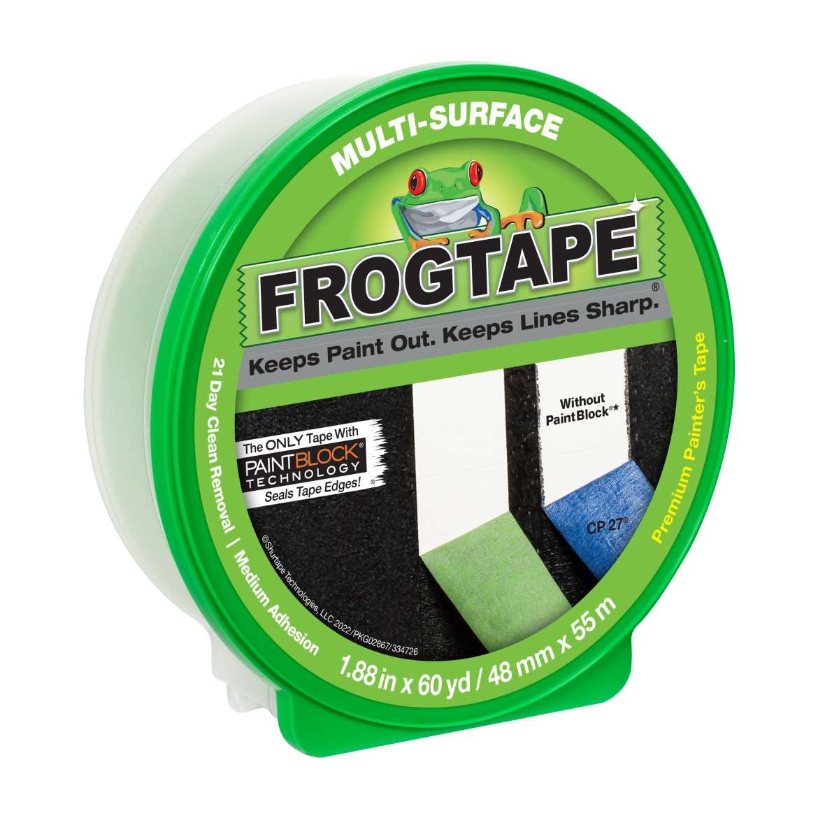 FROGTAPE 1358464 Multi-Surface Painter's Tape with PAINTBLOCK, Medium Adhesion, 1.88" Wide x 60 Yards Long, Green (Pack of 8)