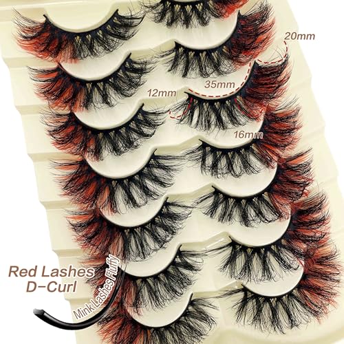 Colored Lashes Mink Fluffy CD Curl Red Eyelashes Strips Halloween 3D Faux Mink Dramatic 20MM Long Colorful False Eyelashes Wispy Lash 7 Pairs Pack YH-C01