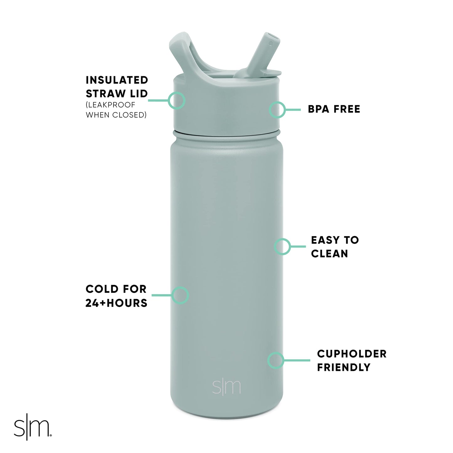 Simple Modern Kids Water Bottle with Straw Lid Vacuum Insulated Stainless Steel Metal Thermos Bottles | Reusable Leak Proof BPA-Free Flask for School | Summit Collection | 18oz, Sea Glass Sage