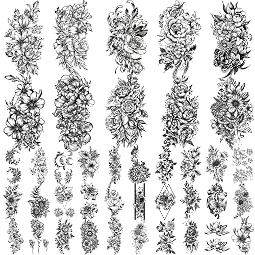 Yazhiji 40 sheets Lasting Temporary Tattoos Large Chrysanthemum and Lotus Flowers Collection Waterproof Temporary Fake Tattoo Stickers for Women and Girls