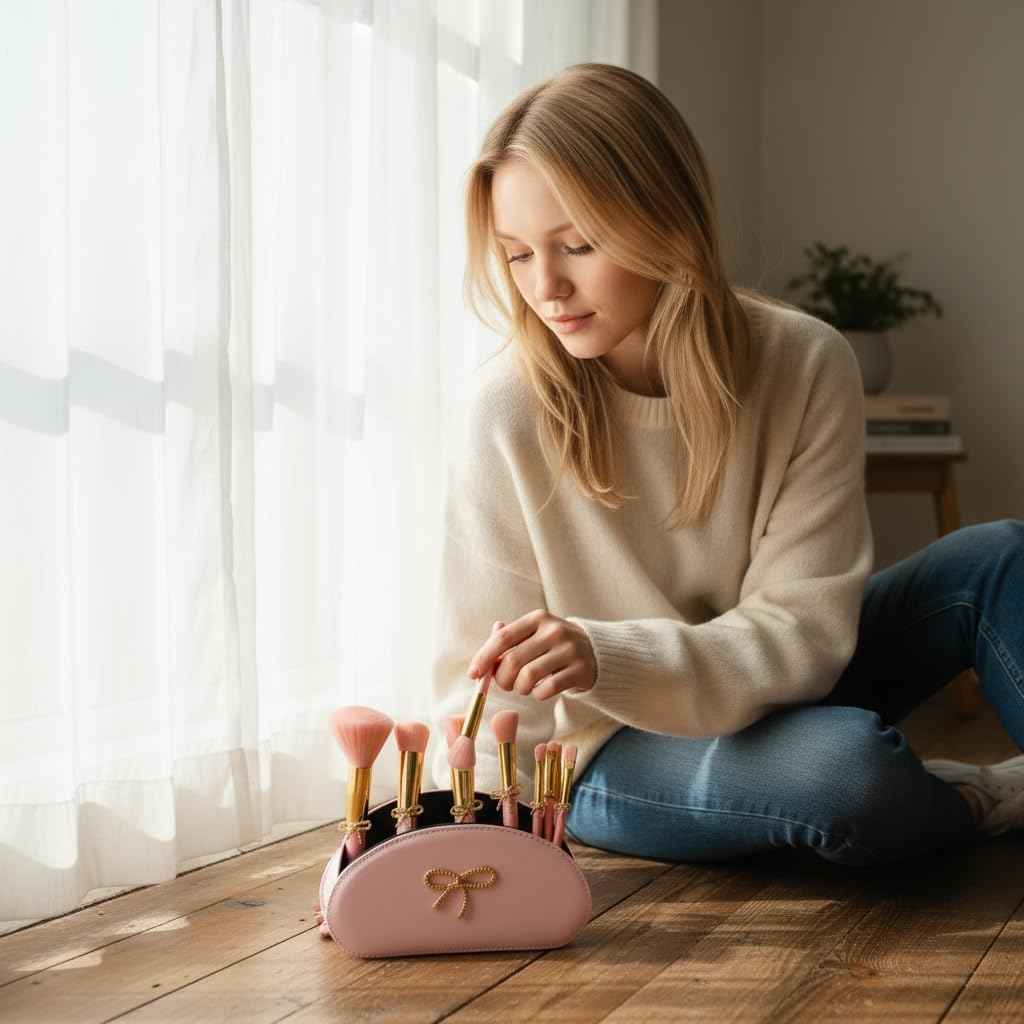LUXAPE Bow Makeup Brush Set – 9-Piece - Pink bow makeup bag Coquette with Gold Bow & Storage Bag – Beginner Friendly makeup Brushes for Foundation, Contour & More