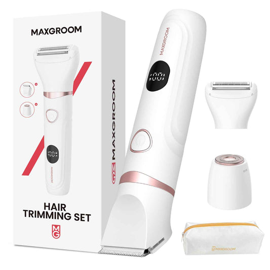 Bikini Trimmer for Women - MAXGROOM Waterproof Electric Razors for Women, Cordless Electric Shaver for Private Area with LED Display, USB Rechargeable & Travel Pouch, White