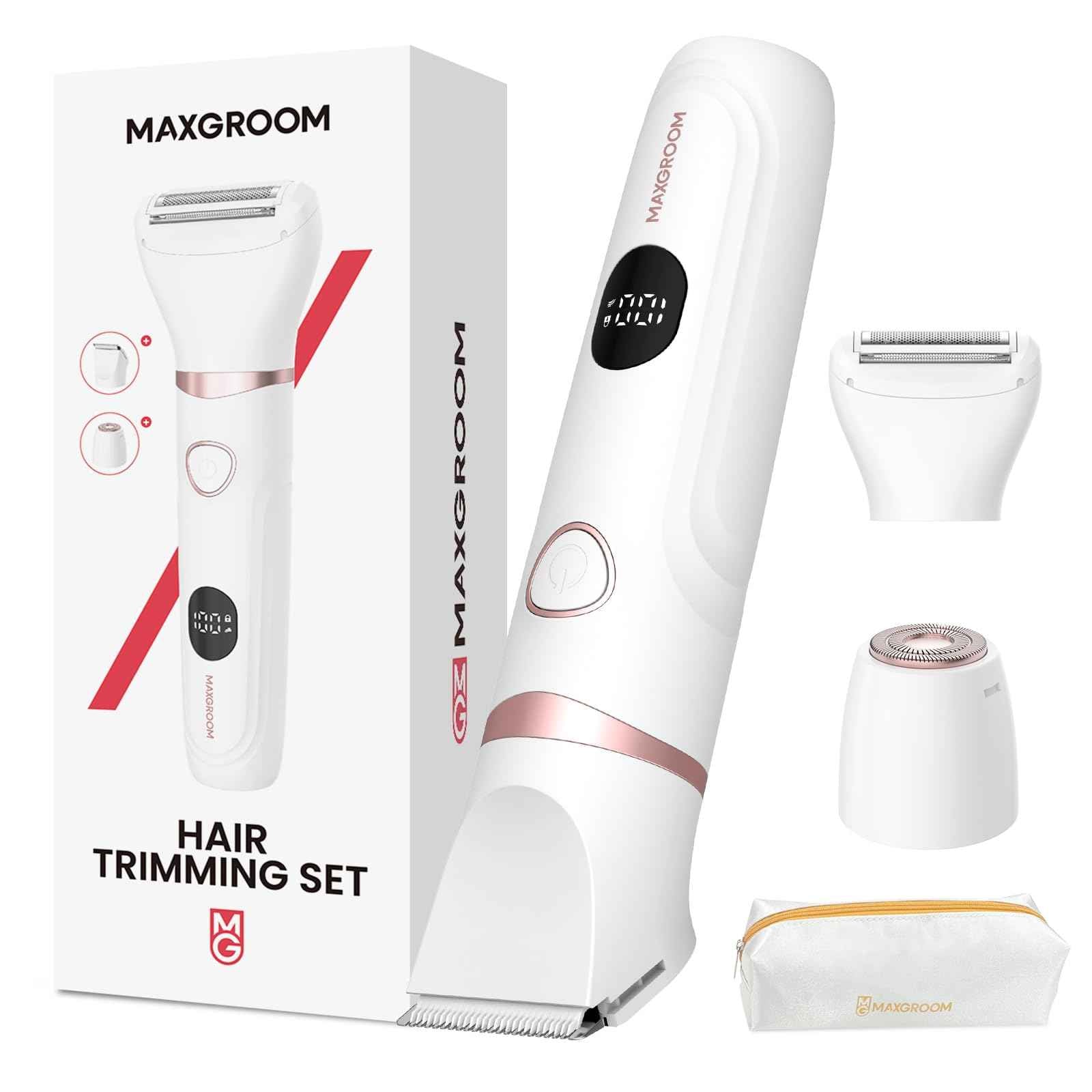 Bikini Trimmer for Women - MAXGROOM Waterproof Electric Razors for Women, Cordless Electric Shaver for Private Area with LED Display, USB Rechargeable & Travel Pouch, White