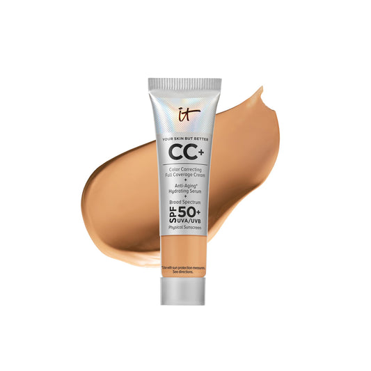 IT Cosmetics Your Skin But Better CC+ Cream Travel Size, Tan Warm - Color Correcting Cream, Full-Coverage Foundation, Hydrating Serum & SPF 50+ Sunscreen - Natural Finish - 0.406 fl oz