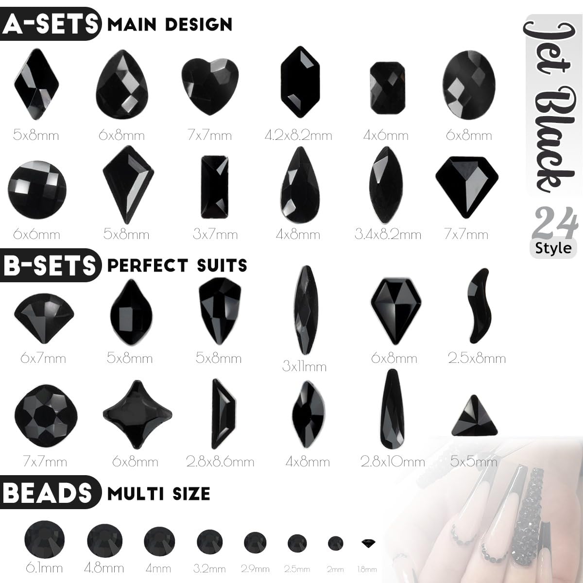 qiipii 6850Pcs Black Nail Rhinestones 288 24-Shapes Jet Black Rhinestones Big Gems +6570 Glass Round Flatback Stones Diamonds Jewels Pearls Nail Charms Nail Art for Nails Face Eyes Makeup Crafts DIY