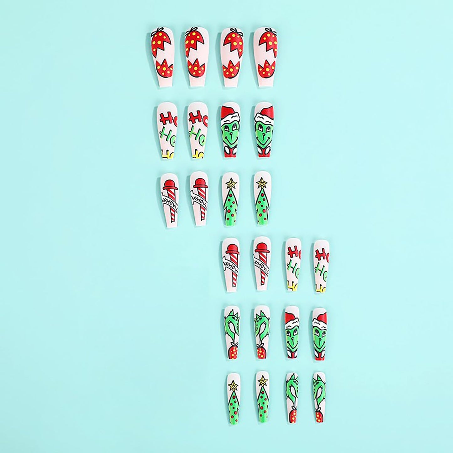 Christmas Press on Nails Long Coffin Fake Nails Cute Cartoon Grinchs Stick on Nails False Nails with Designs Acrylic Nails Winter Xmas Glue on Nails Full Cover Holiday Artificial Nails for Women