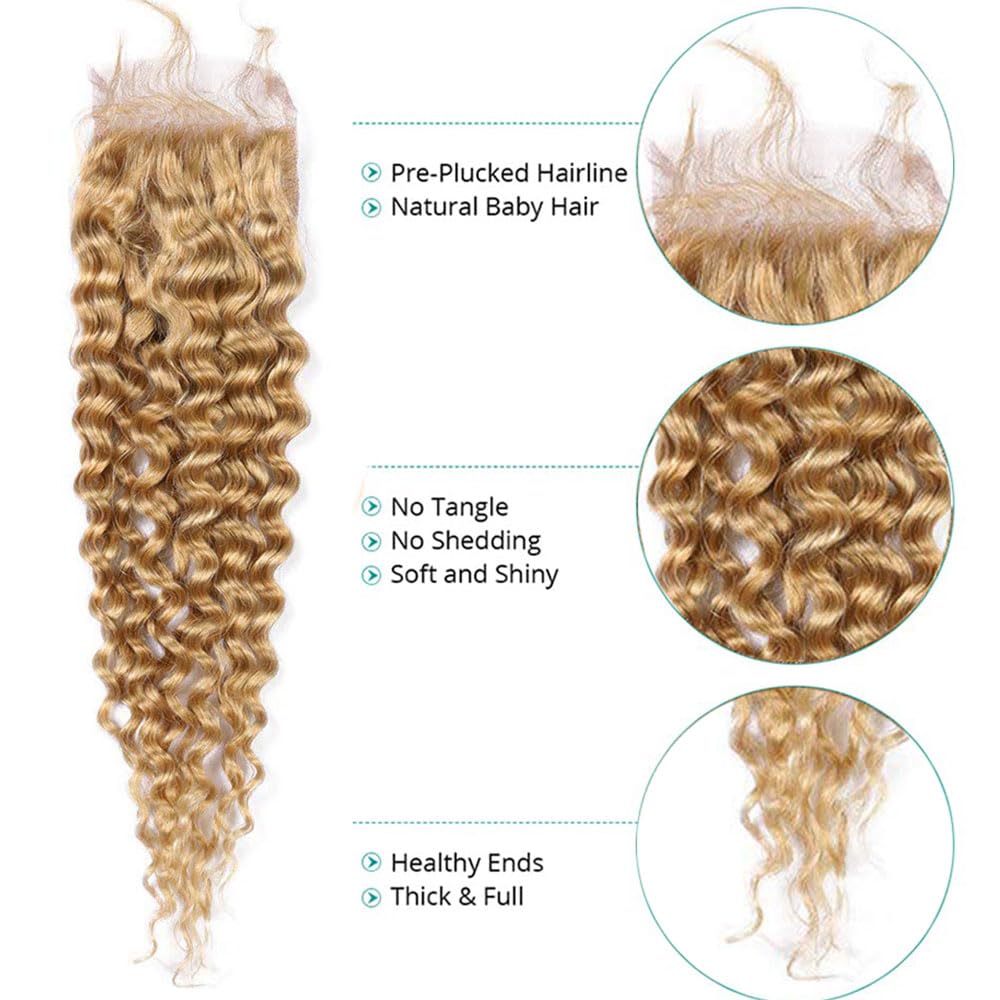 Honey Blonde Closure Transparent Lace 4X4 Lace Front Closure Curly Wave #27 Lace Closure Pre Plucked With Baby Hair Raw Remy Human Hair Brazilian Virgin Hair 12 Inch