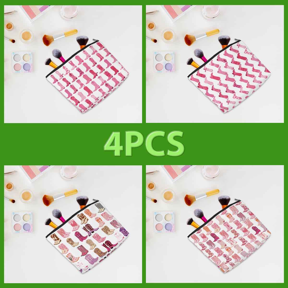 4pcs Pink Cowboy Boots Makeup Bag Hot Pink Cowgirls Cosmetic Bags Cowboy Boots for Women Makeup Bag, Cowgirls Gifts for Women Friends Sisters Birthday Gift, Toiletry Zipper Pouch